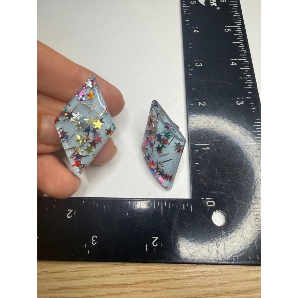 Vintage Japan Blue Lucite Confetti Star Diamond Clip On Earrings Mid Century